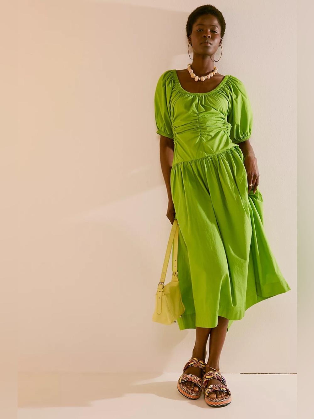 Free People Moonlight Cutout Cotton Drop Waist Midi Dress Green L Pocket Open Ba